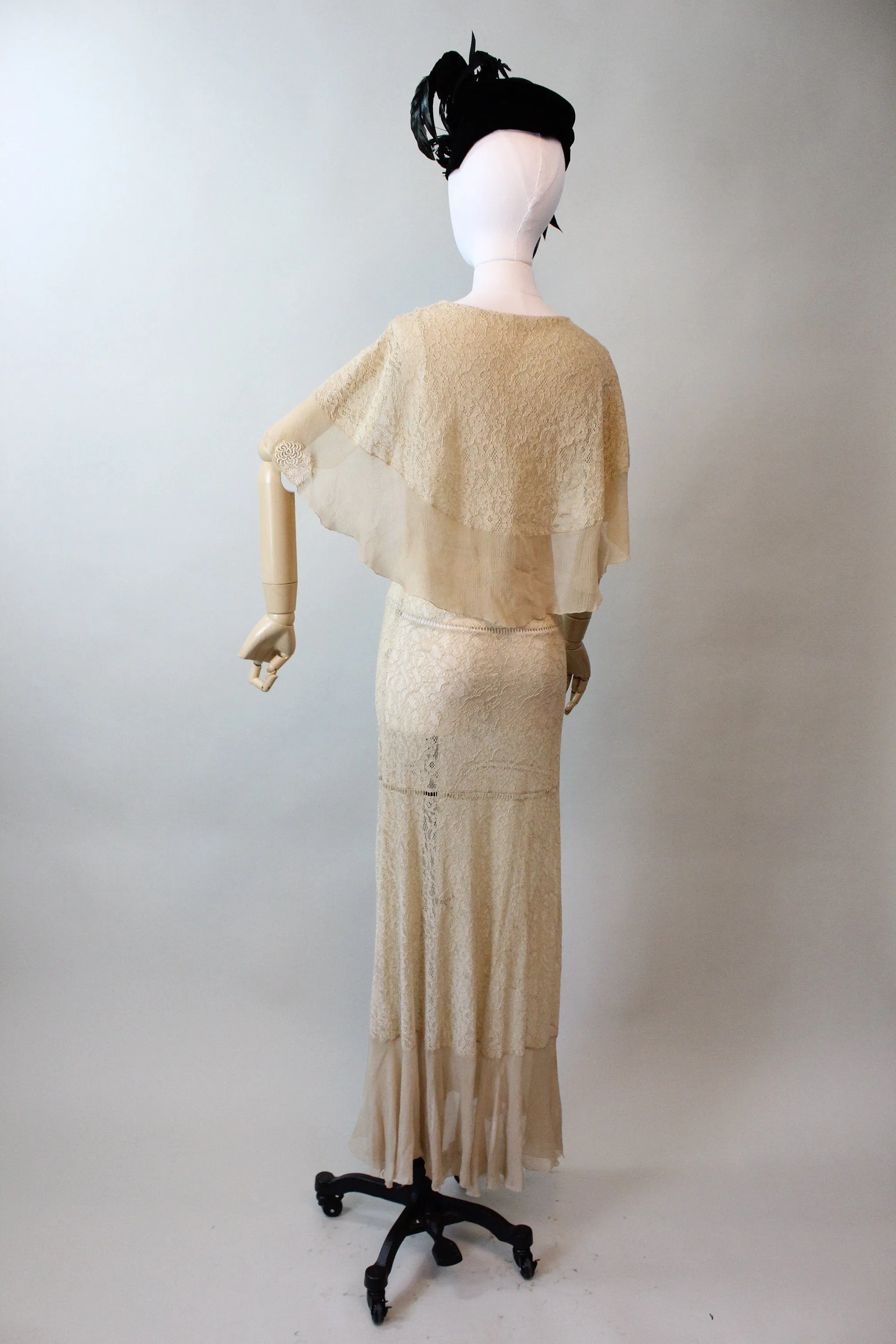 1930s LACE CAPE dress SILK gown small | new fall