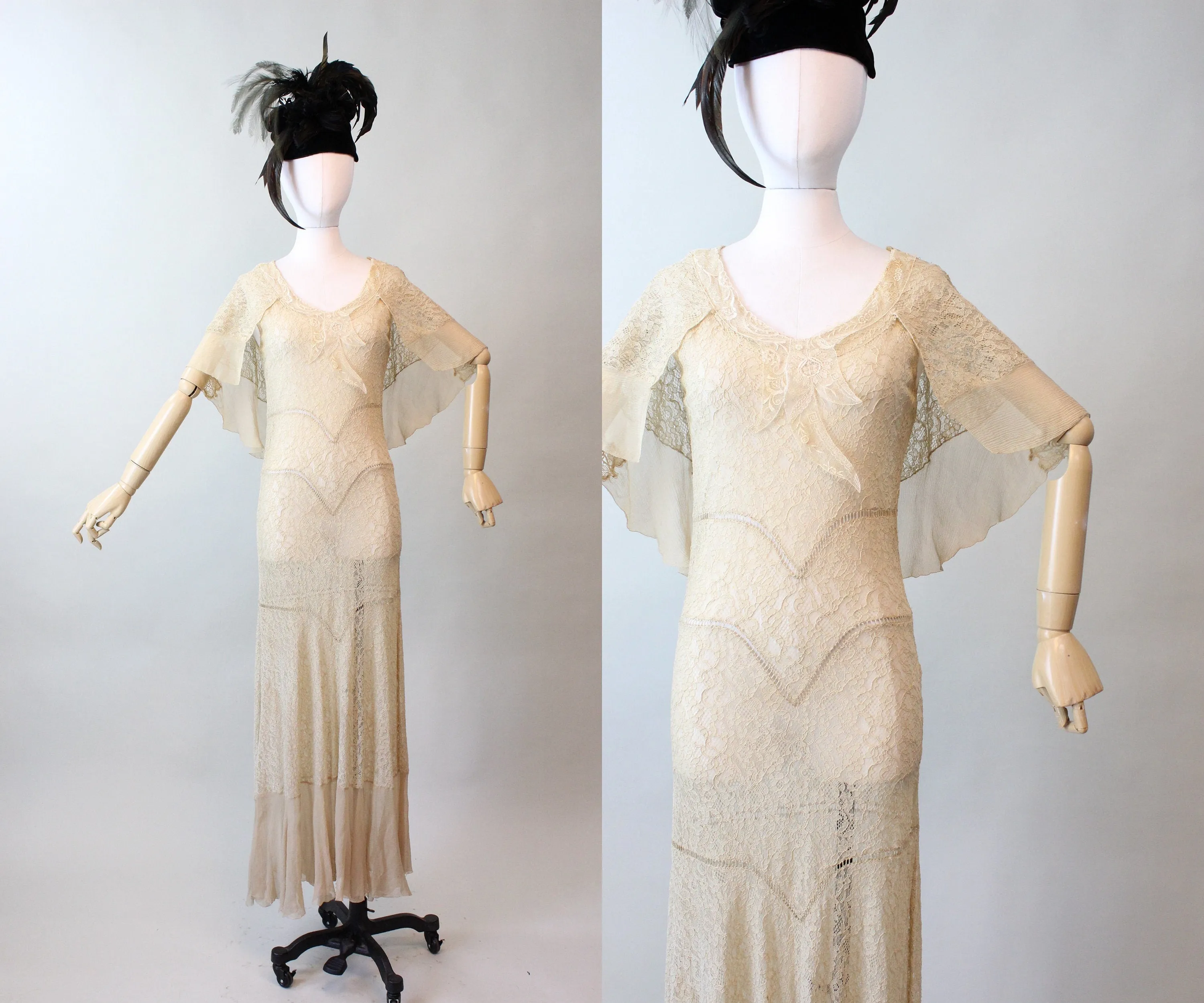 1930s LACE CAPE dress SILK gown small | new fall
