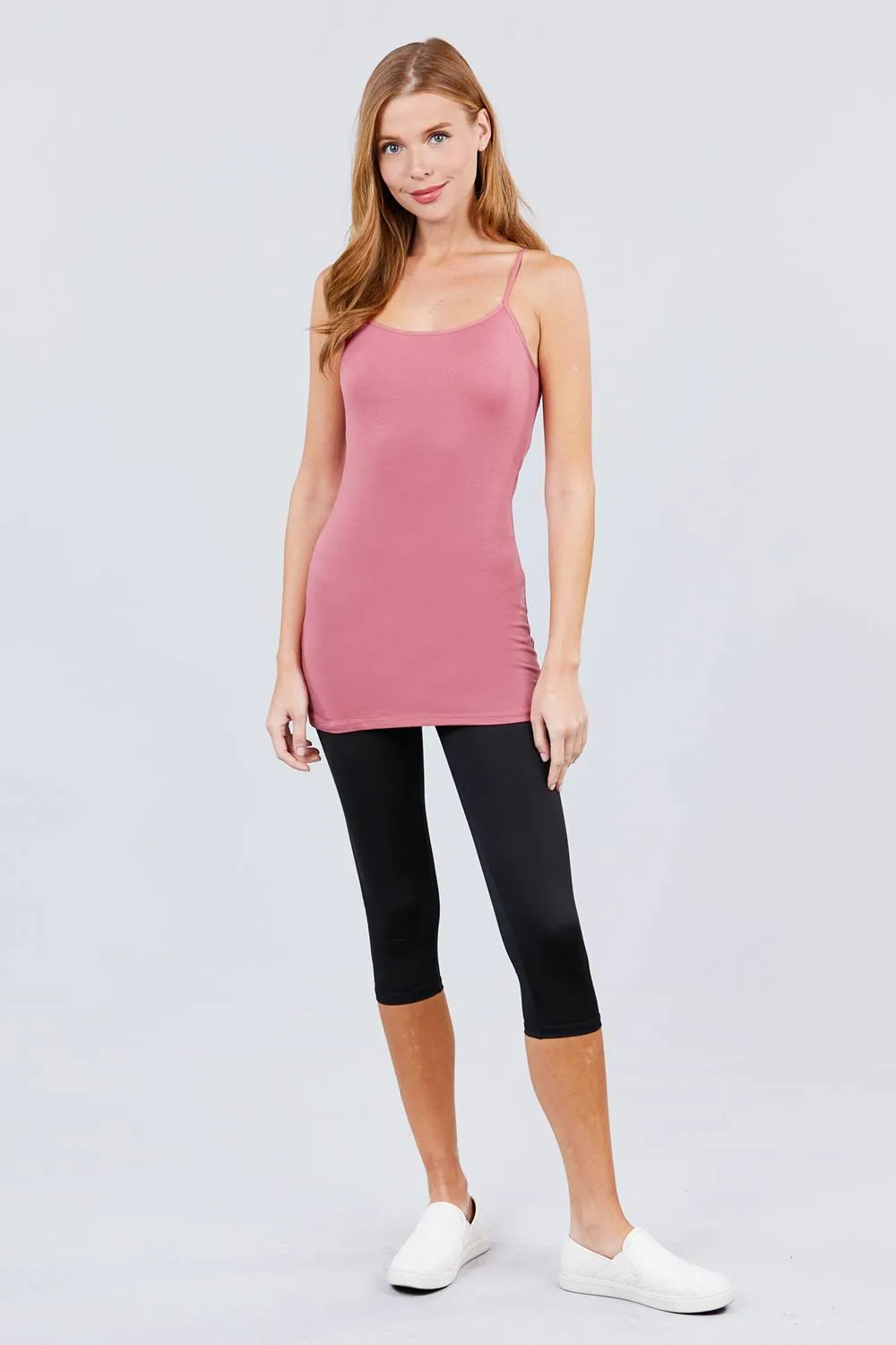 Basic Adjustable Spaghetti Strap Tunic Cami W/ Shelf Bra