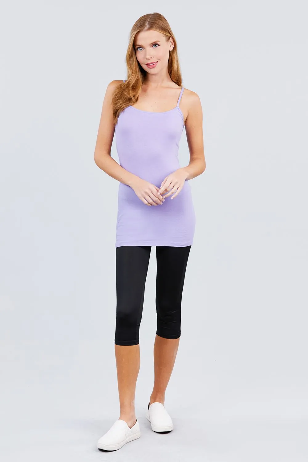 Basic Adjustable Spaghetti Strap Tunic Cami W/ Shelf Bra