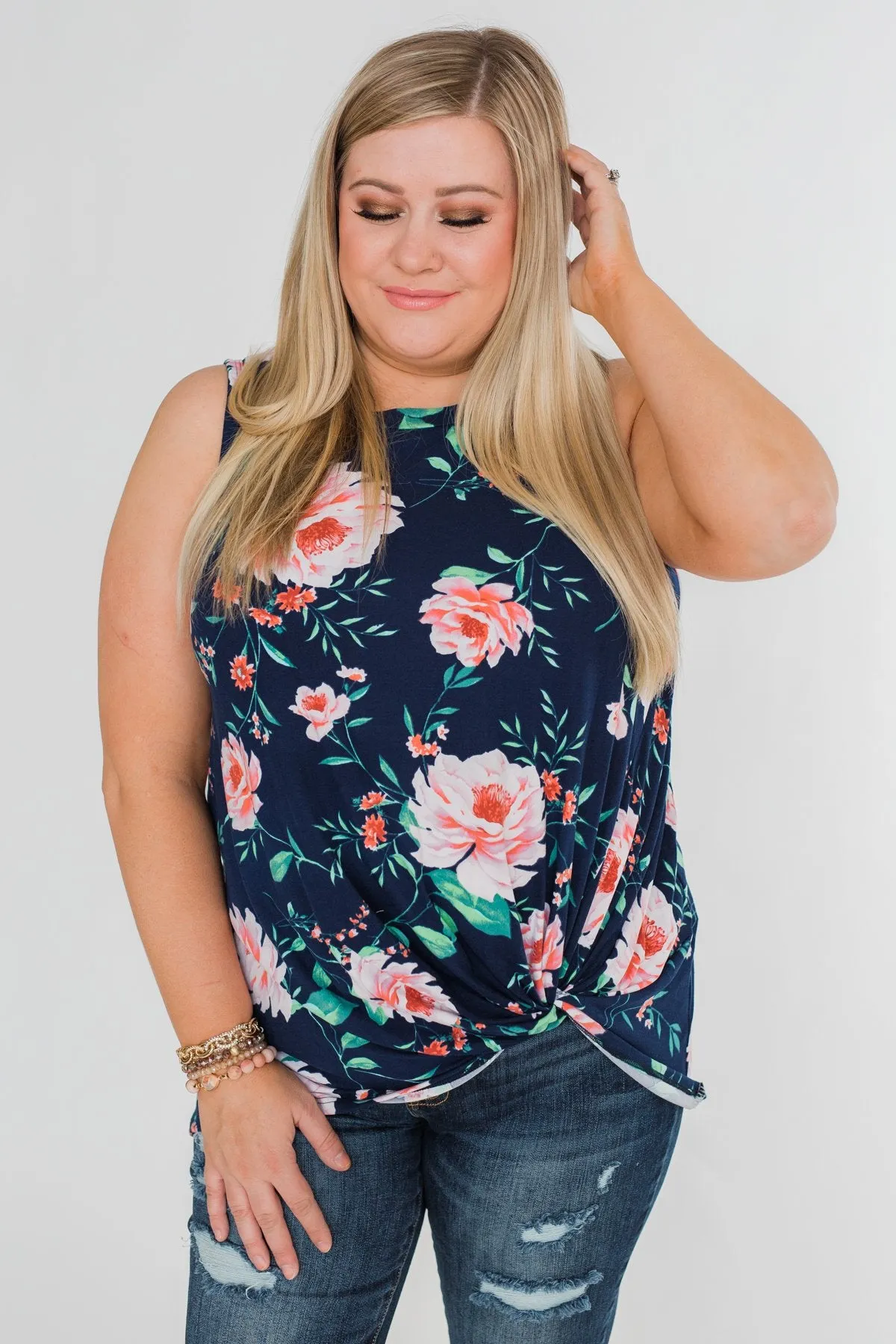 Beauty In Everything Floral Knot Top- Navy