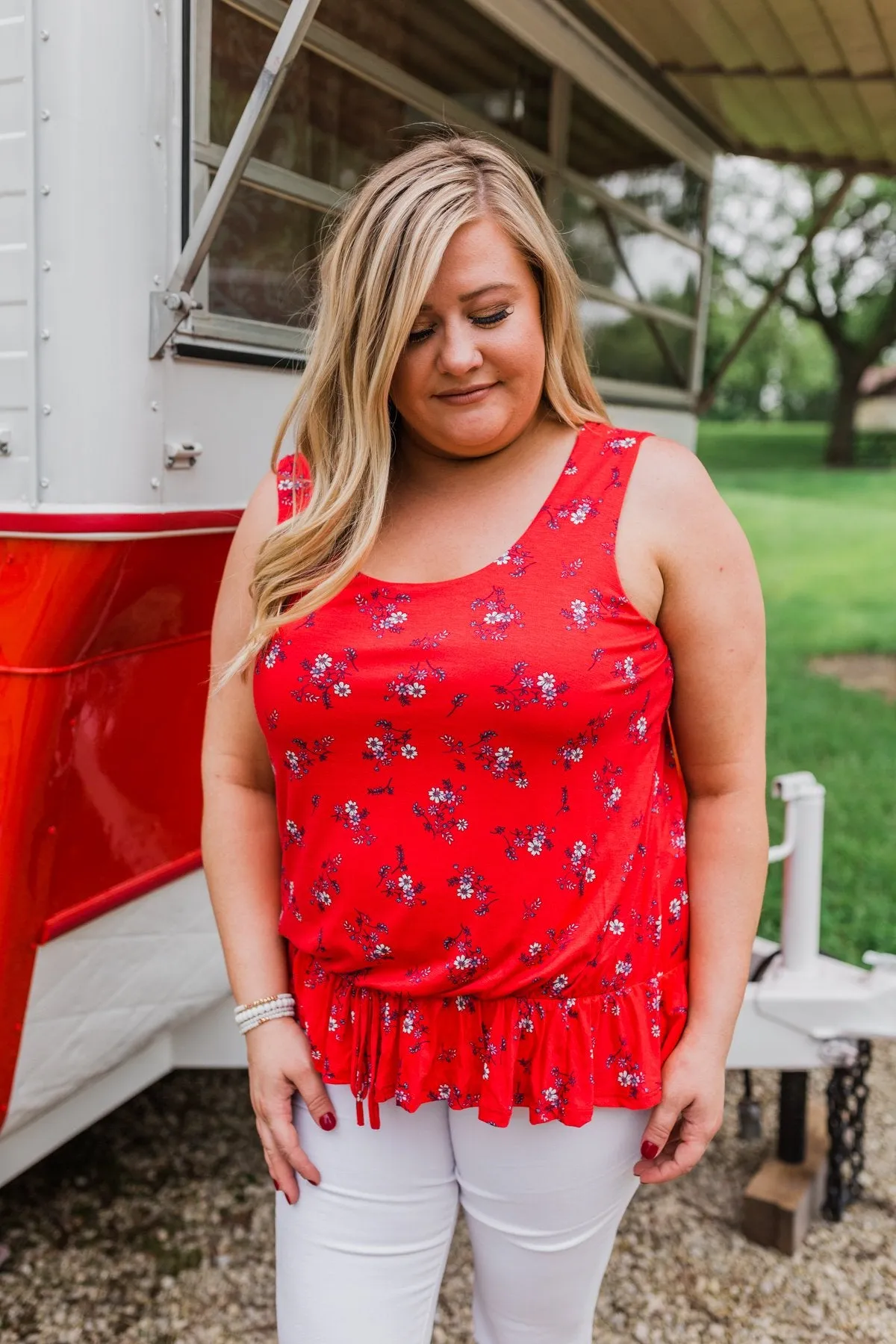 Belong With You Cinch Waist Floral Tank Top- Fruit Punch Red