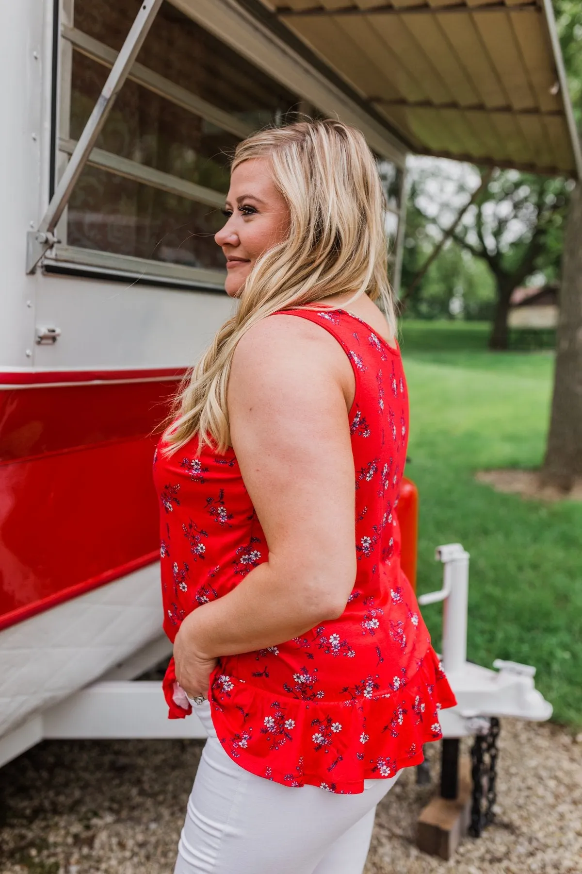 Belong With You Cinch Waist Floral Tank Top- Fruit Punch Red
