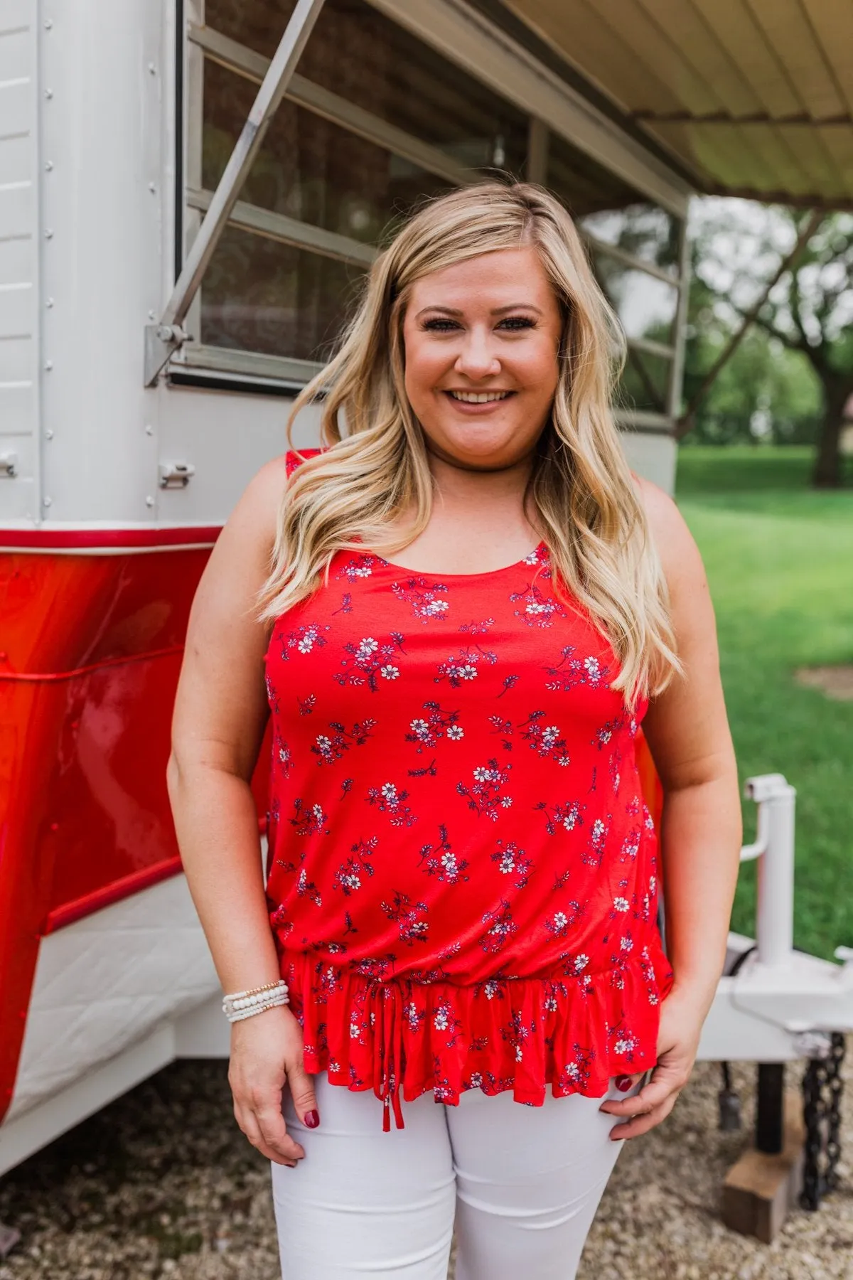 Belong With You Cinch Waist Floral Tank Top- Fruit Punch Red