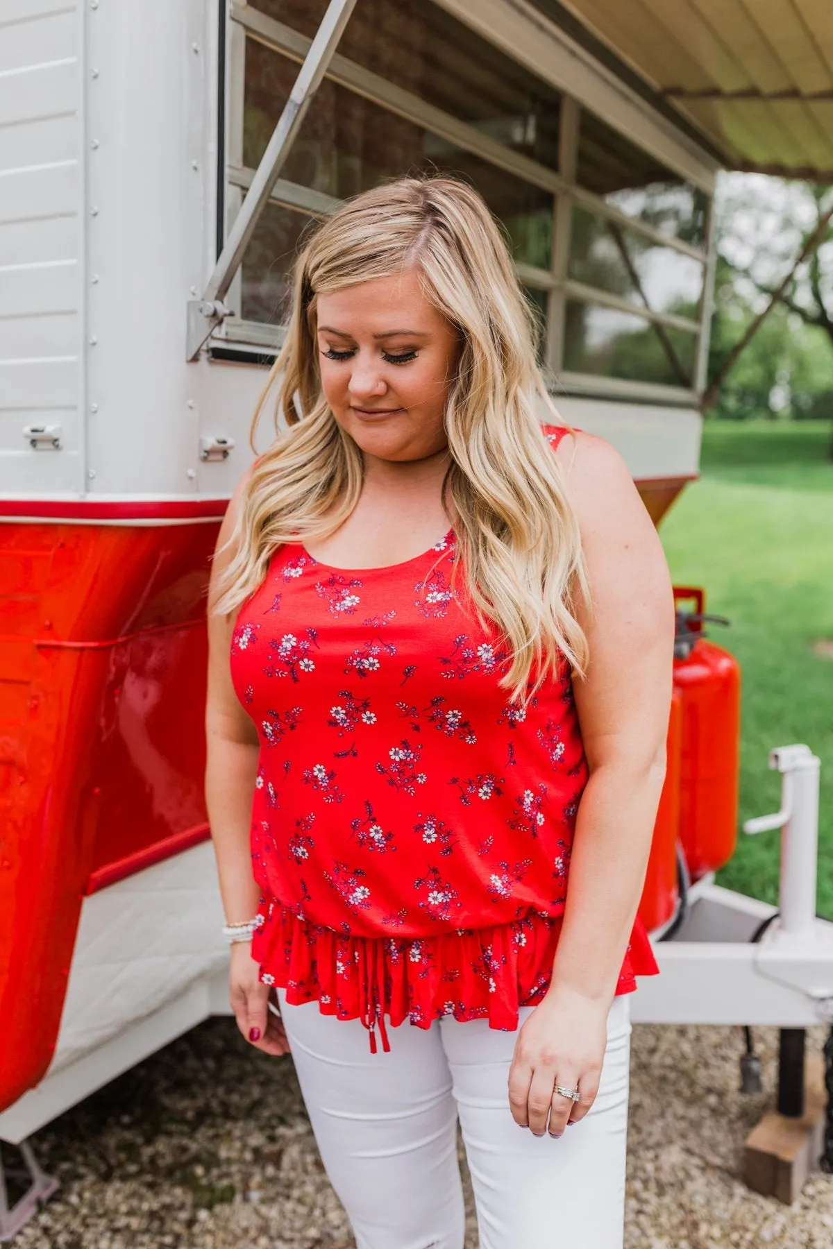 Belong With You Cinch Waist Floral Tank Top- Fruit Punch Red