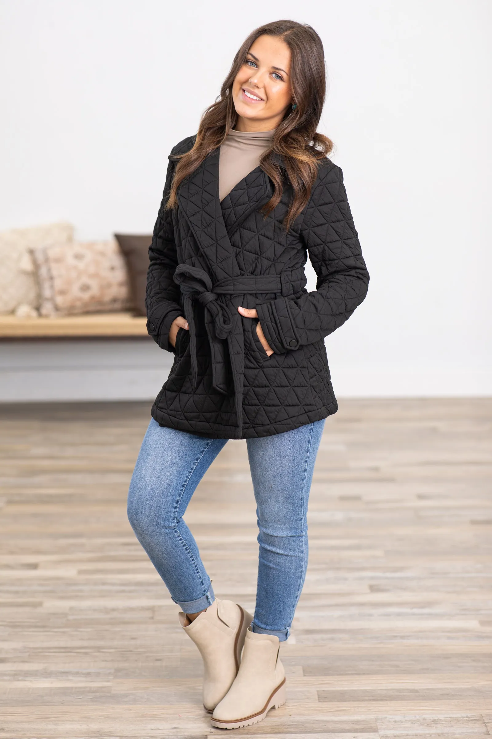 Black Diamond Quilted Jacket With Belt