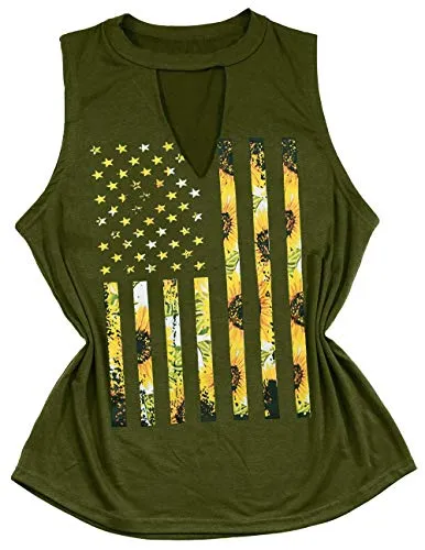 BLANCHES Sunflower Tank Tops Women's Funny Graphic Vest Sleeveless Workout Tee Yoga Athletic T Shirt Summer Tops (V Neck-Army Green, S)