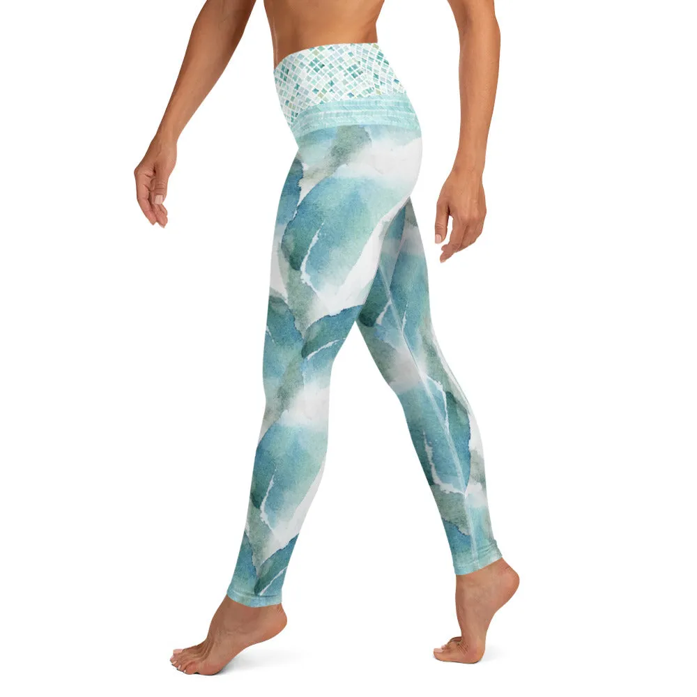 Blue and Green Watercolor Brush Strokes - Yoga Leggings