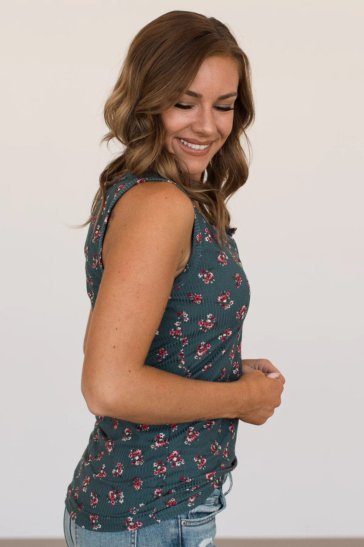 Bountiful Smiles Floral Tank Top- Dark Teal