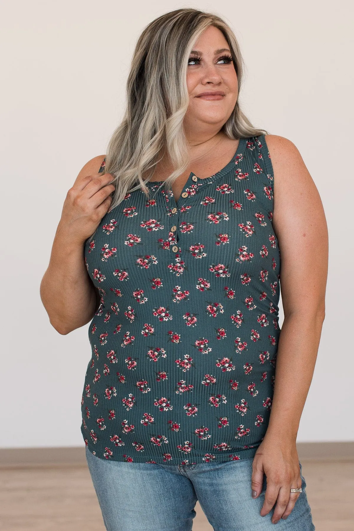 Bountiful Smiles Floral Tank Top- Dark Teal
