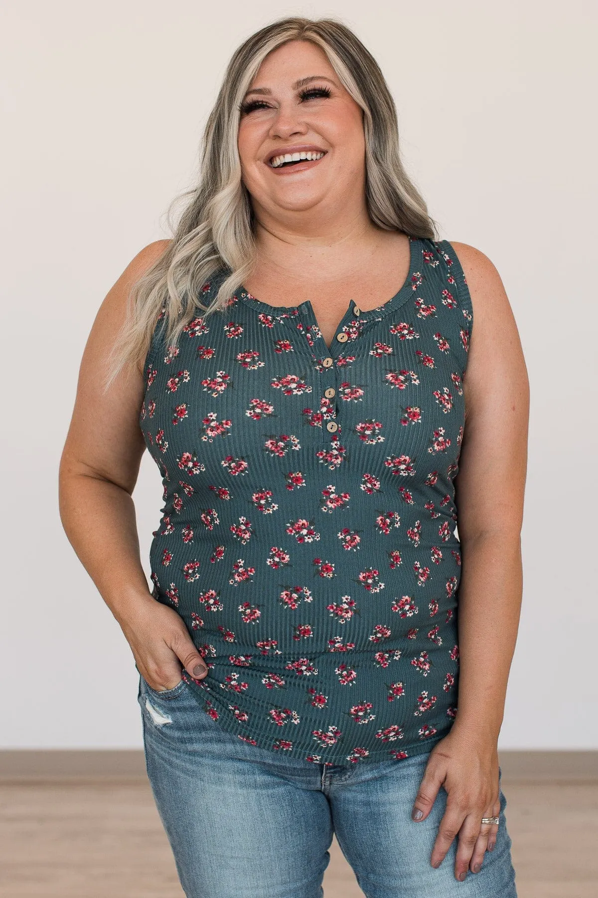 Bountiful Smiles Floral Tank Top- Dark Teal