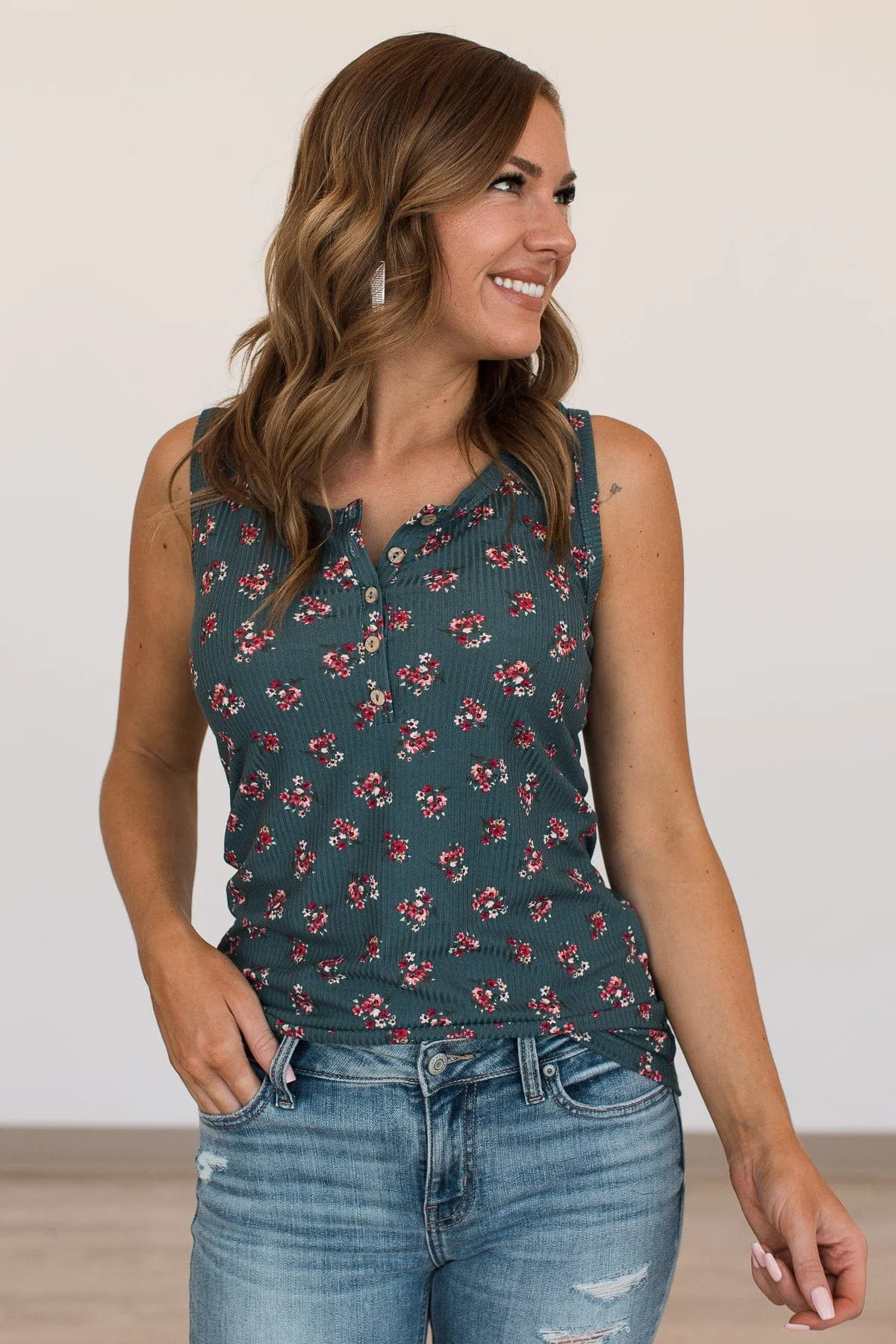 Bountiful Smiles Floral Tank Top- Dark Teal