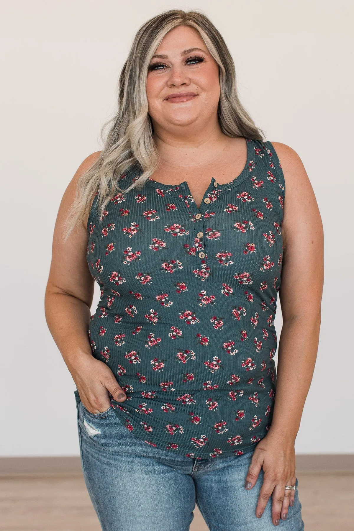 Bountiful Smiles Floral Tank Top- Dark Teal