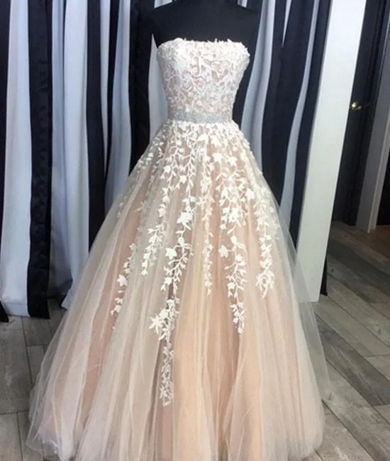 Champagne Tulle Lace Long Wedding Dress