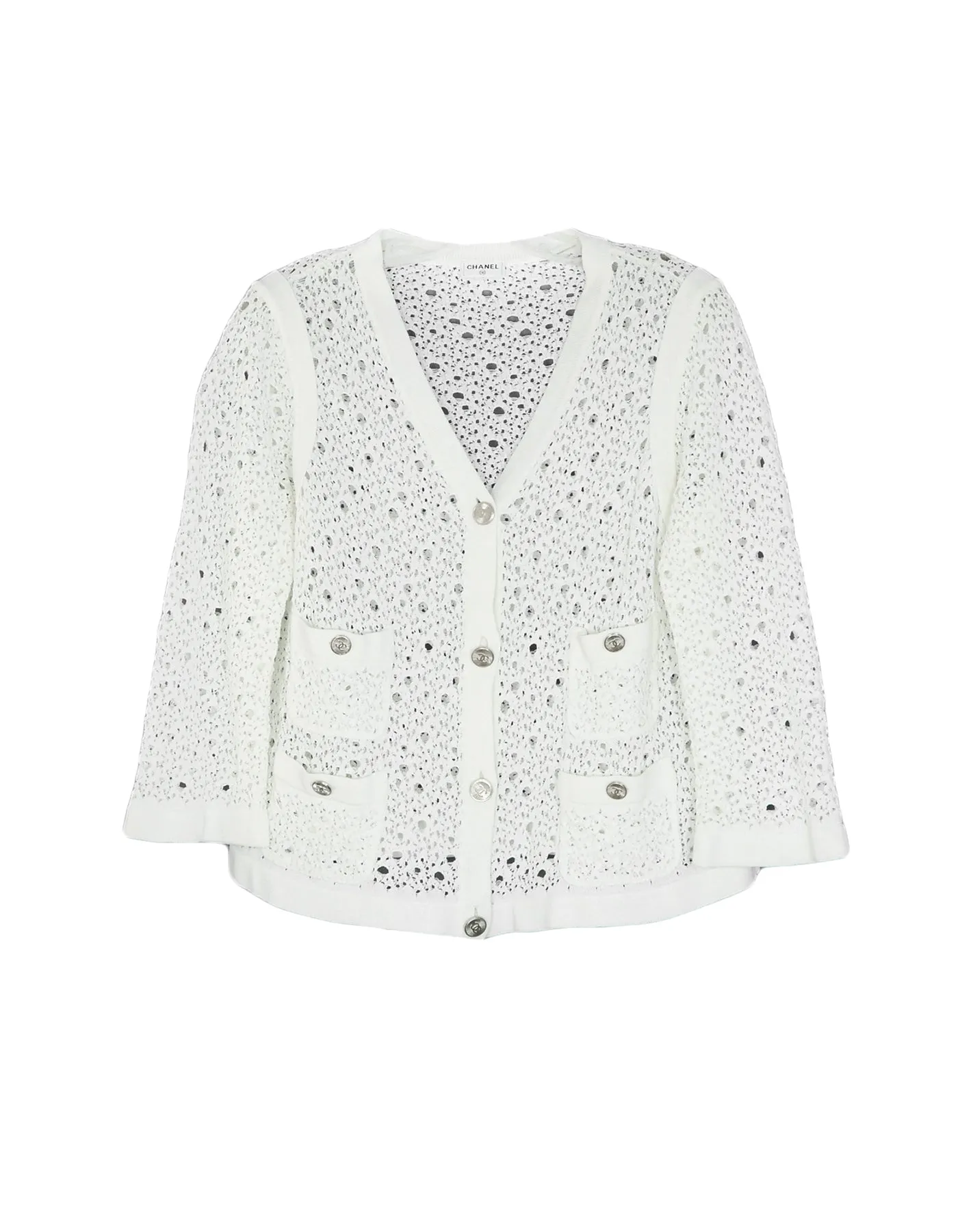 Chanel White Crochet Button down Jacket w/ 4 Pockets & 8 Silvertone Buttons sz Large