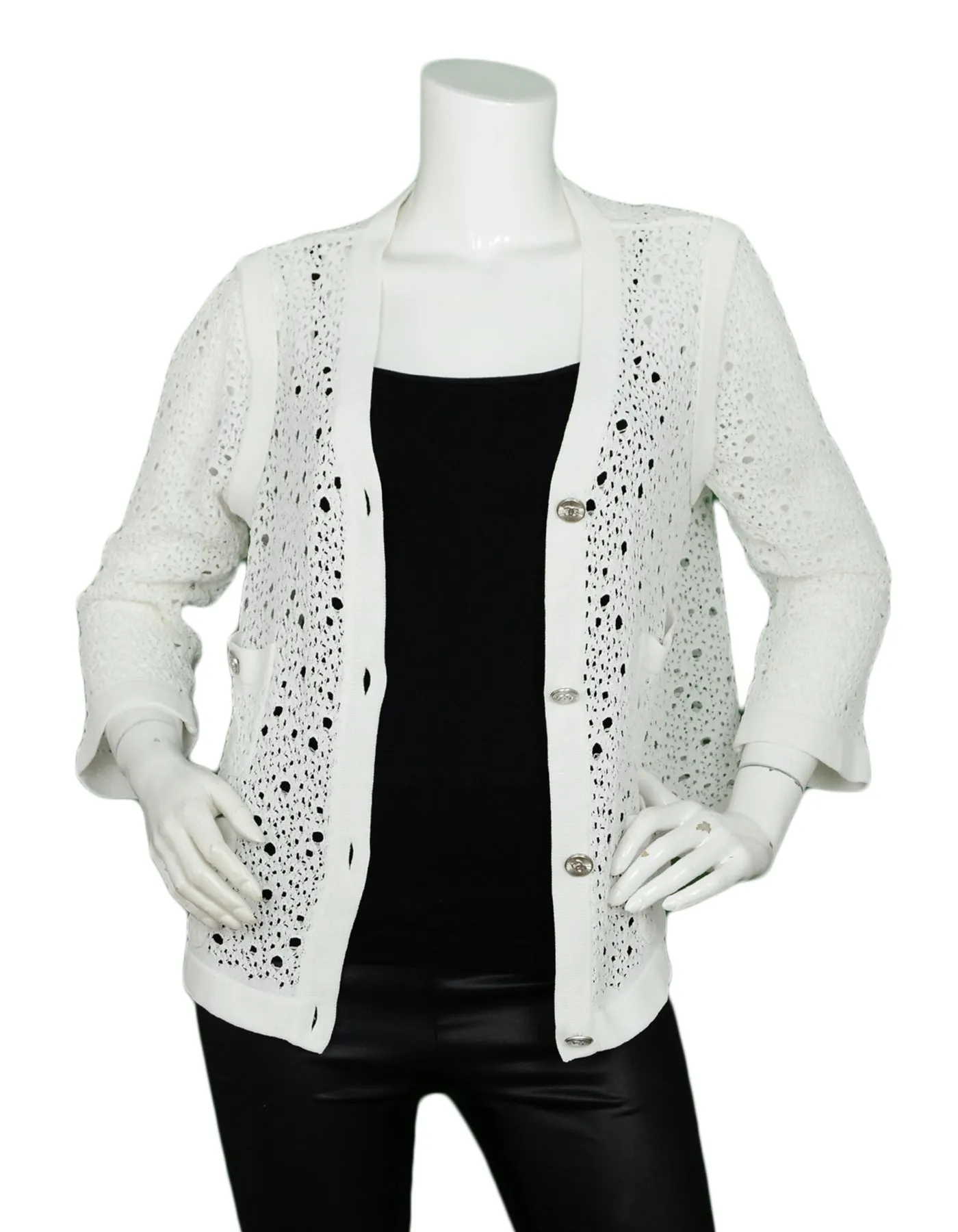 Chanel White Crochet Button down Jacket w/ 4 Pockets & 8 Silvertone Buttons sz Large