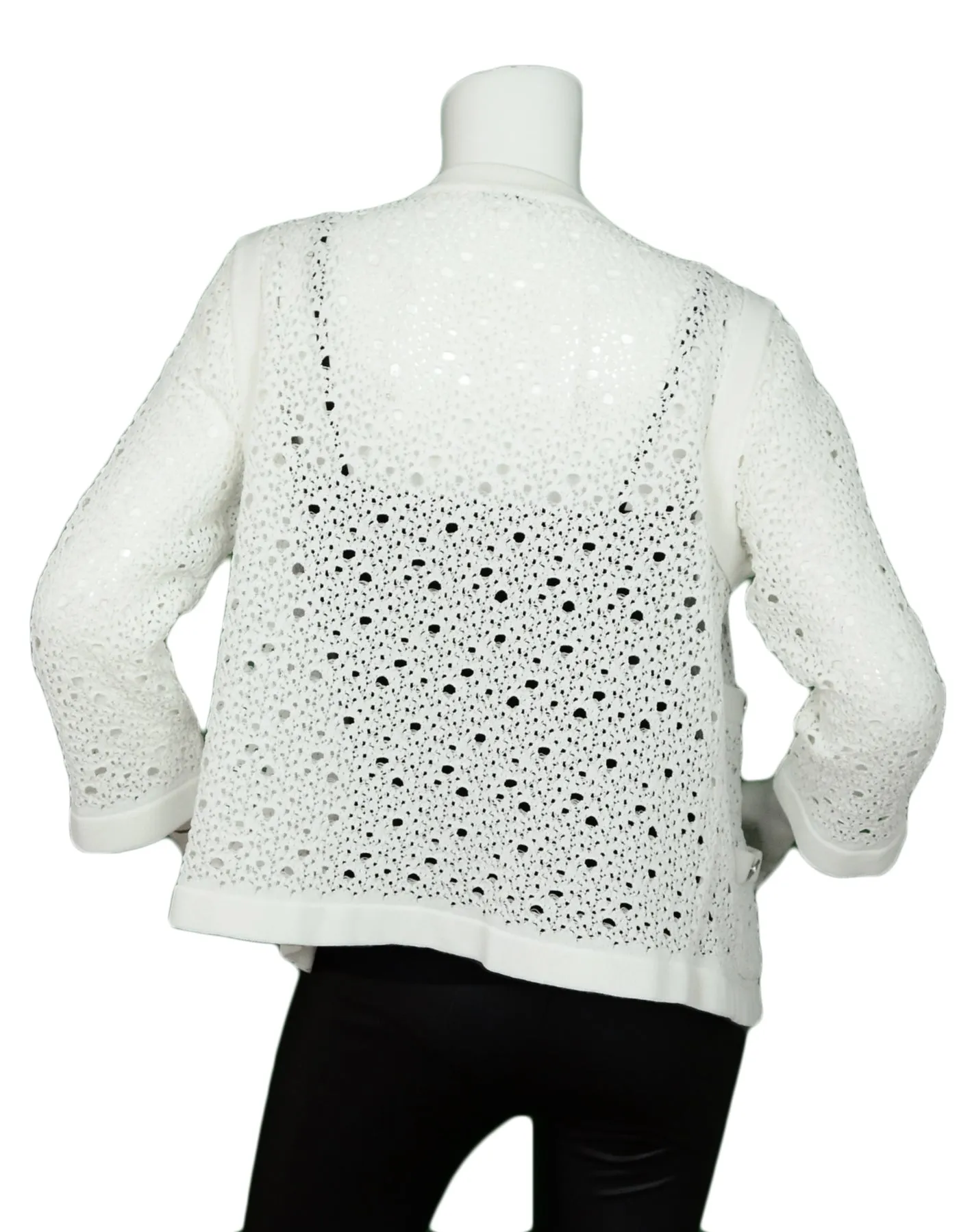 Chanel White Crochet Button down Jacket w/ 4 Pockets & 8 Silvertone Buttons sz Large
