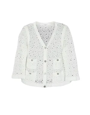 Chanel White Crochet Button down Jacket w/ 4 Pockets & 8 Silvertone Buttons sz Large
