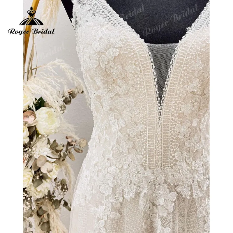 Charming A Line Sleeveless Wedding Dress Tank  Lace Appliques V Neck Open Back Sweep Train Tulle Beach Women Civil Bridal Gowns
