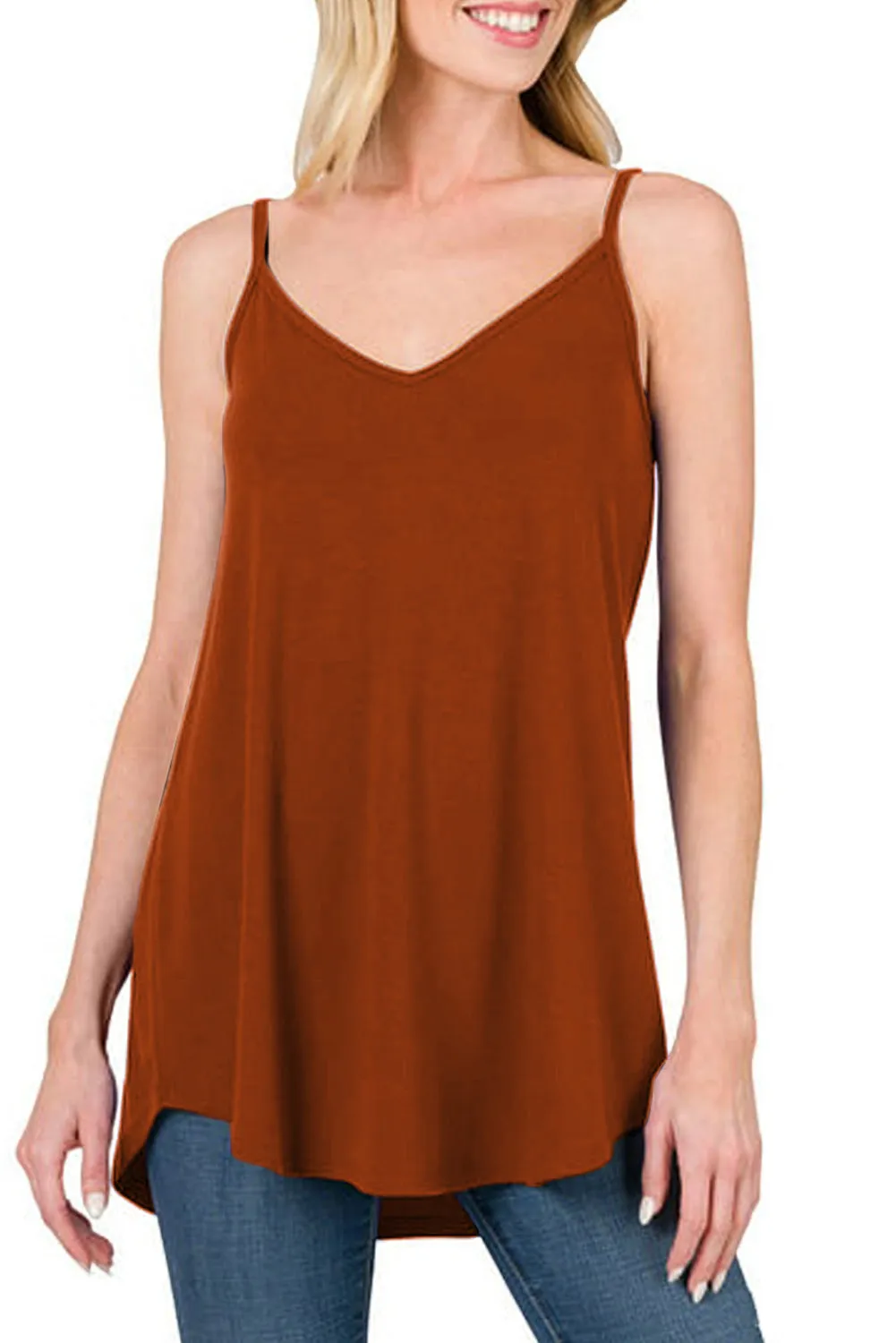 Chestnut Spaghetti Strap V-Neck Flowy Tunic Tank Top