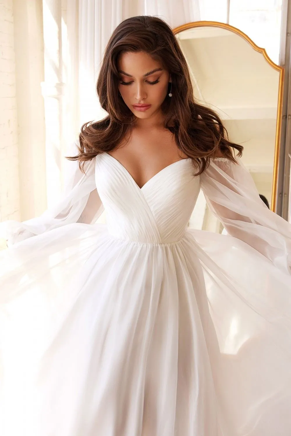 Cinderella Divine CD243WC Sweetheart Sheer Sleeve Chiffon Dress