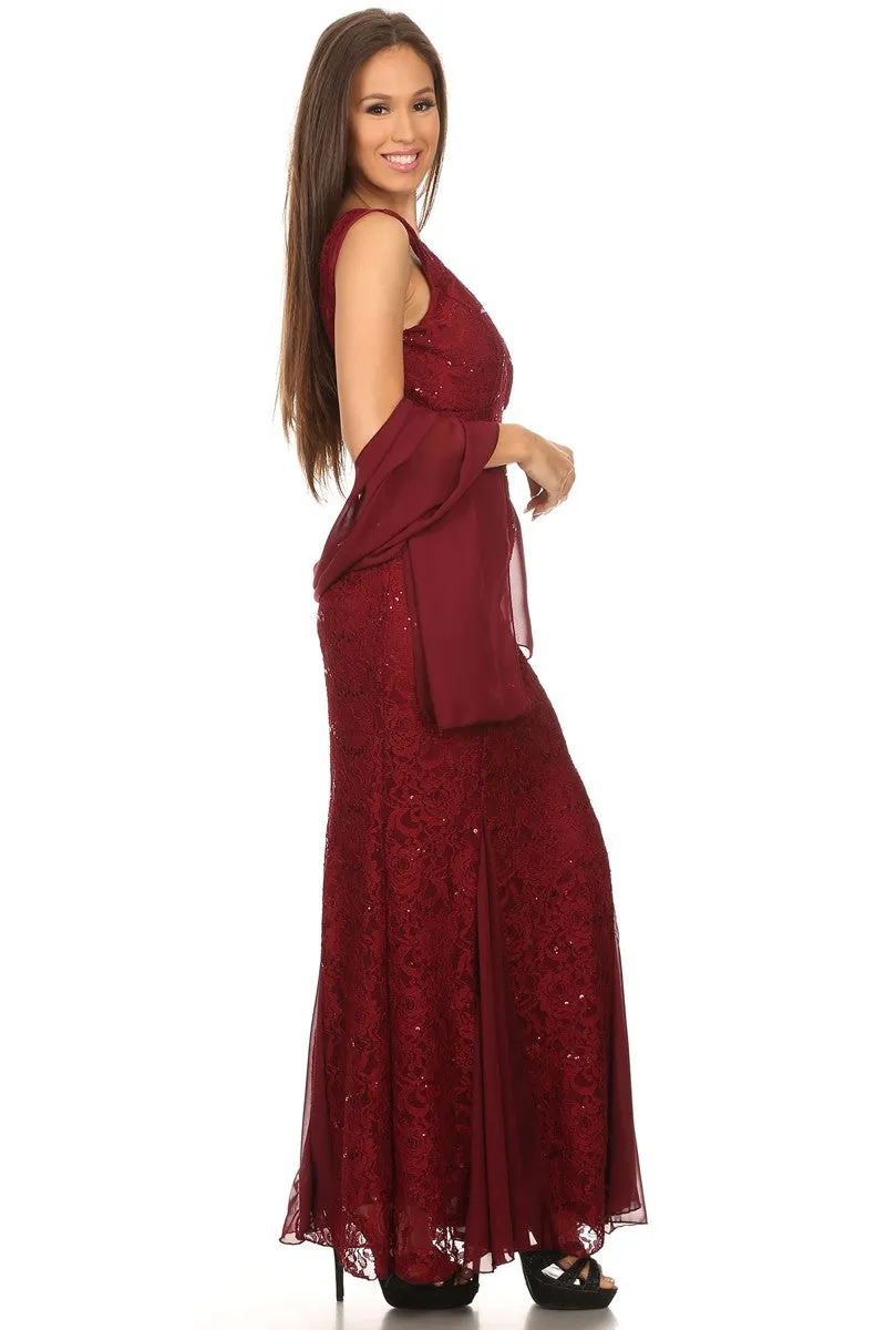 CLEARANCE - Eureka 2030J V-Neck Long Lace Gown Includes Jacket (Size 3XL)