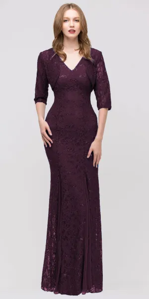 CLEARANCE - Eureka 2030J V-Neck Long Lace Gown Includes Jacket (Size 3XL)