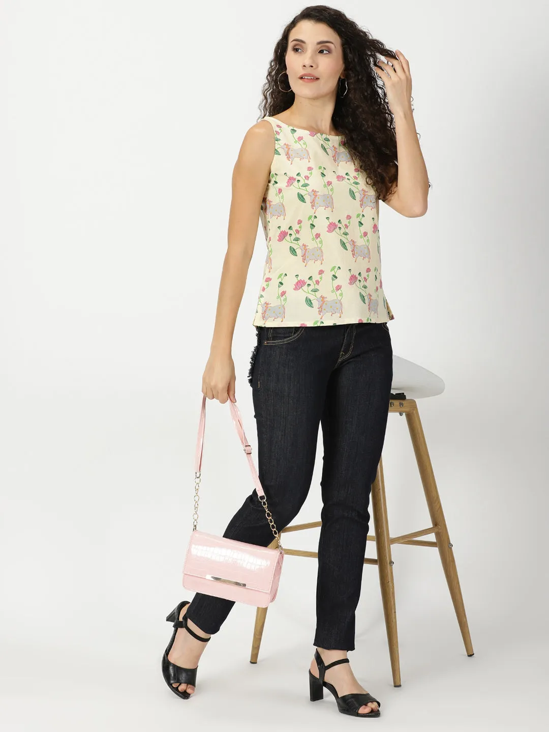 Cream Pichwai Print Cotton Tank Top