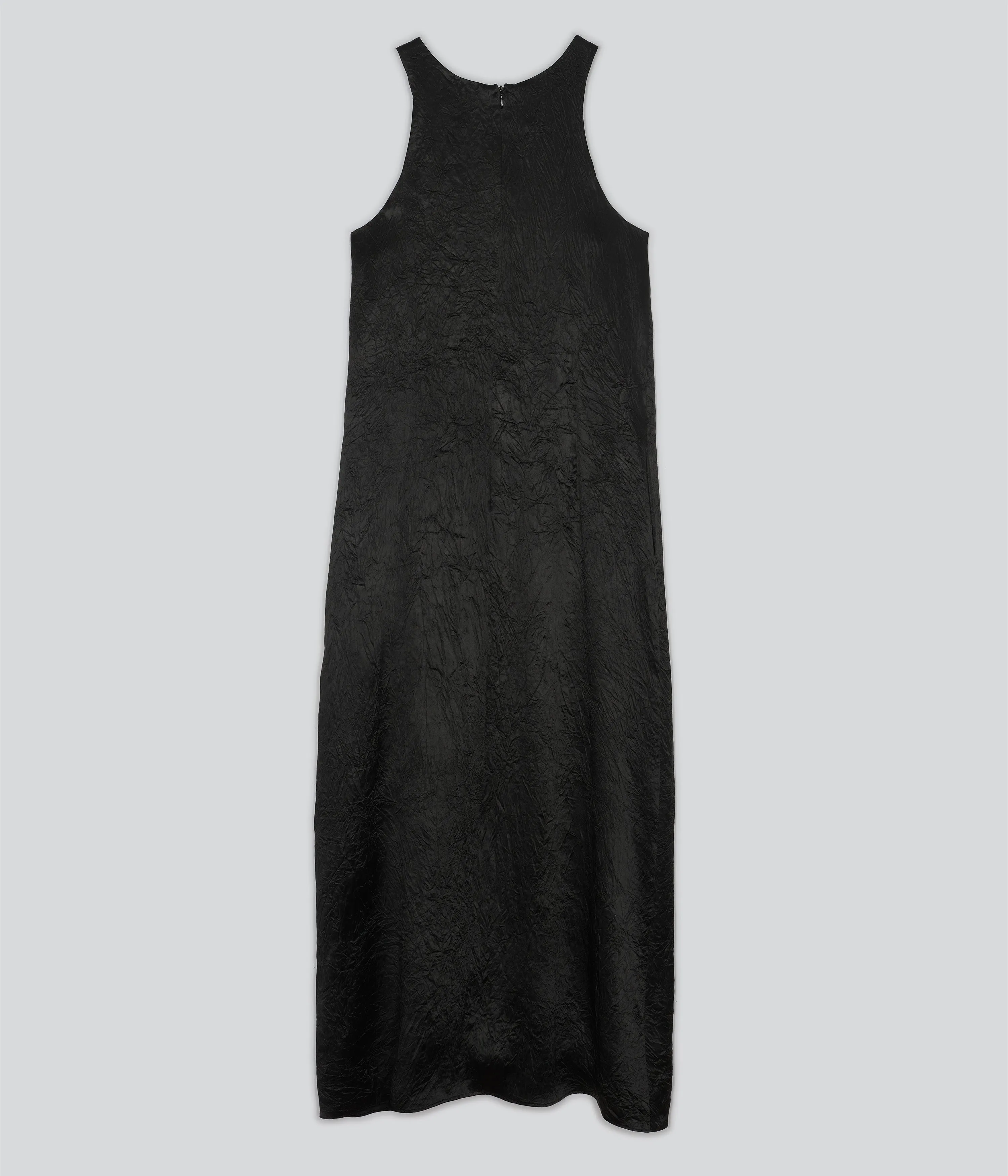 CRINKLED SATIN TANK DRESS IN BLACK