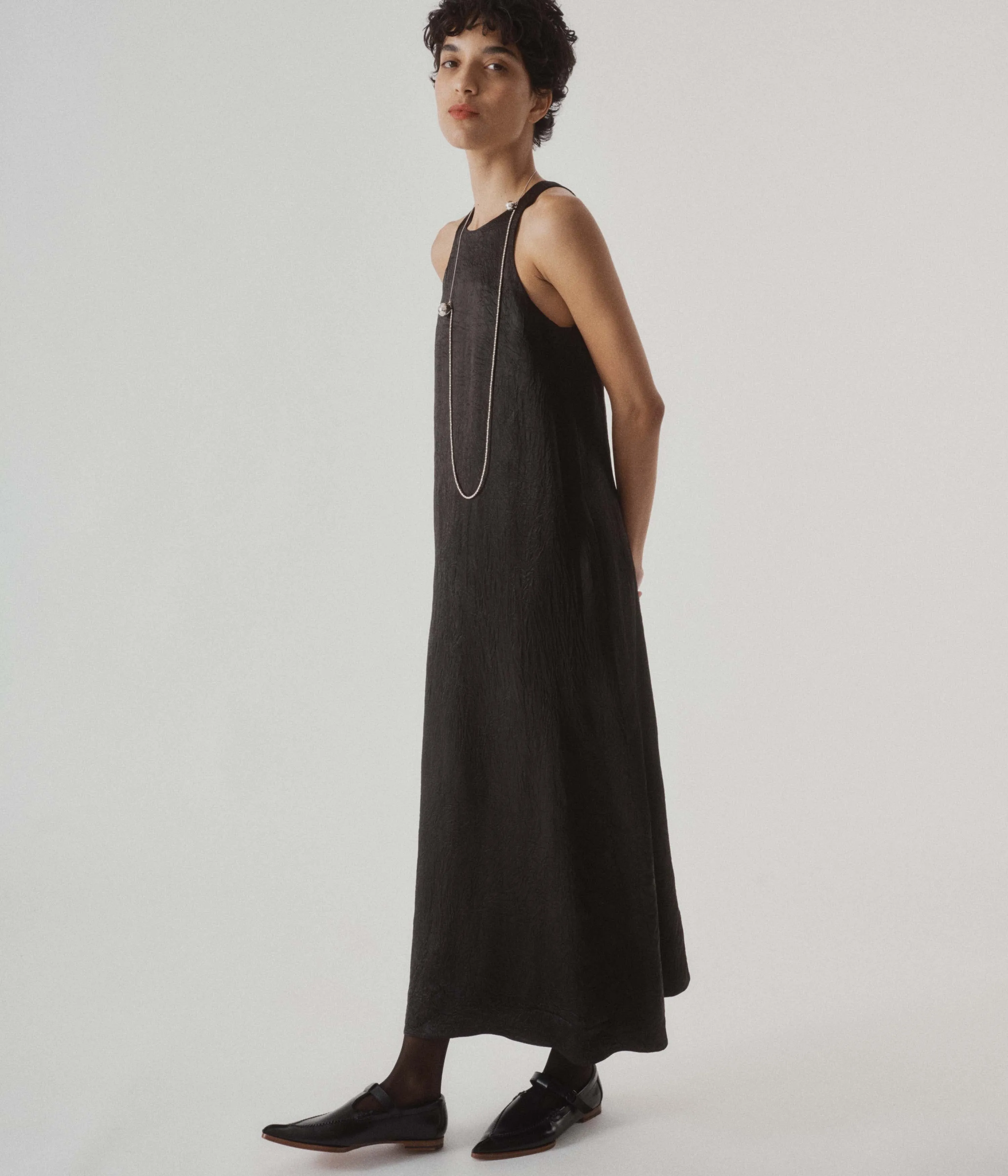 CRINKLED SATIN TANK DRESS IN BLACK
