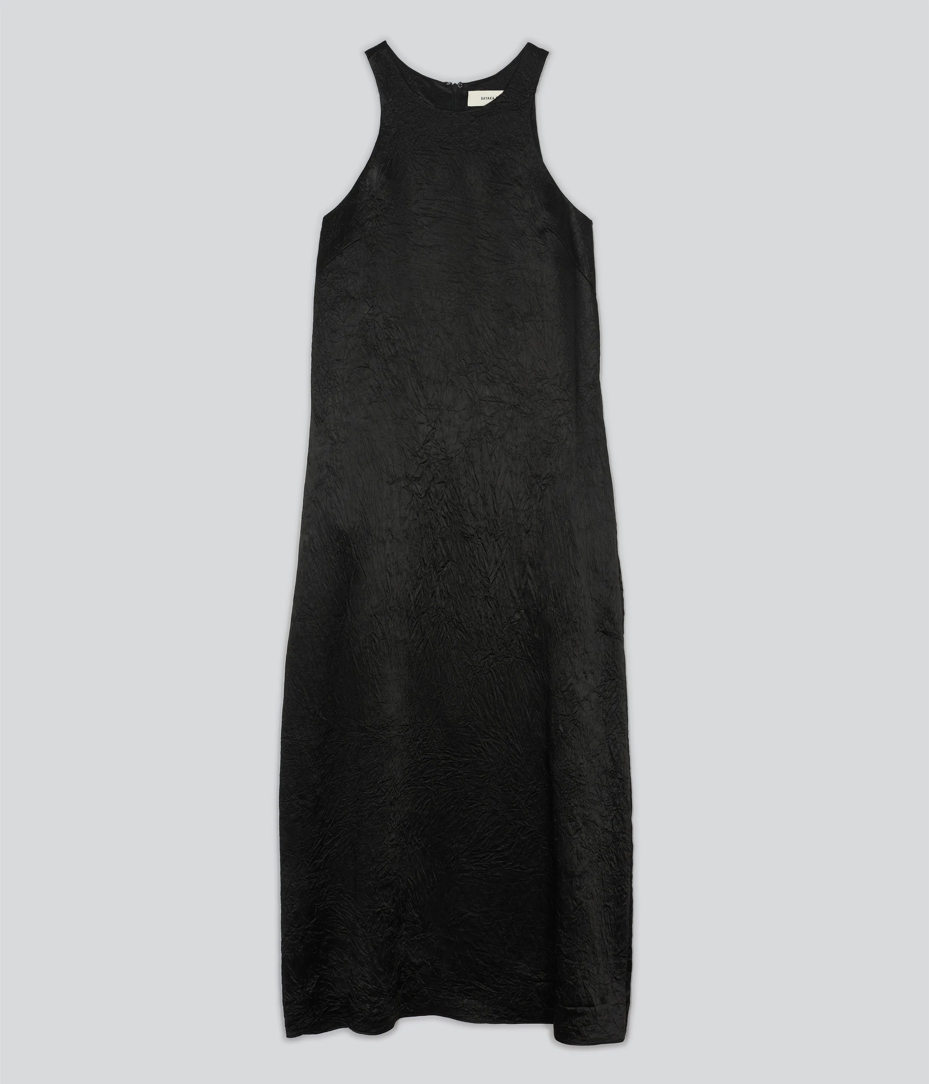 CRINKLED SATIN TANK DRESS IN BLACK
