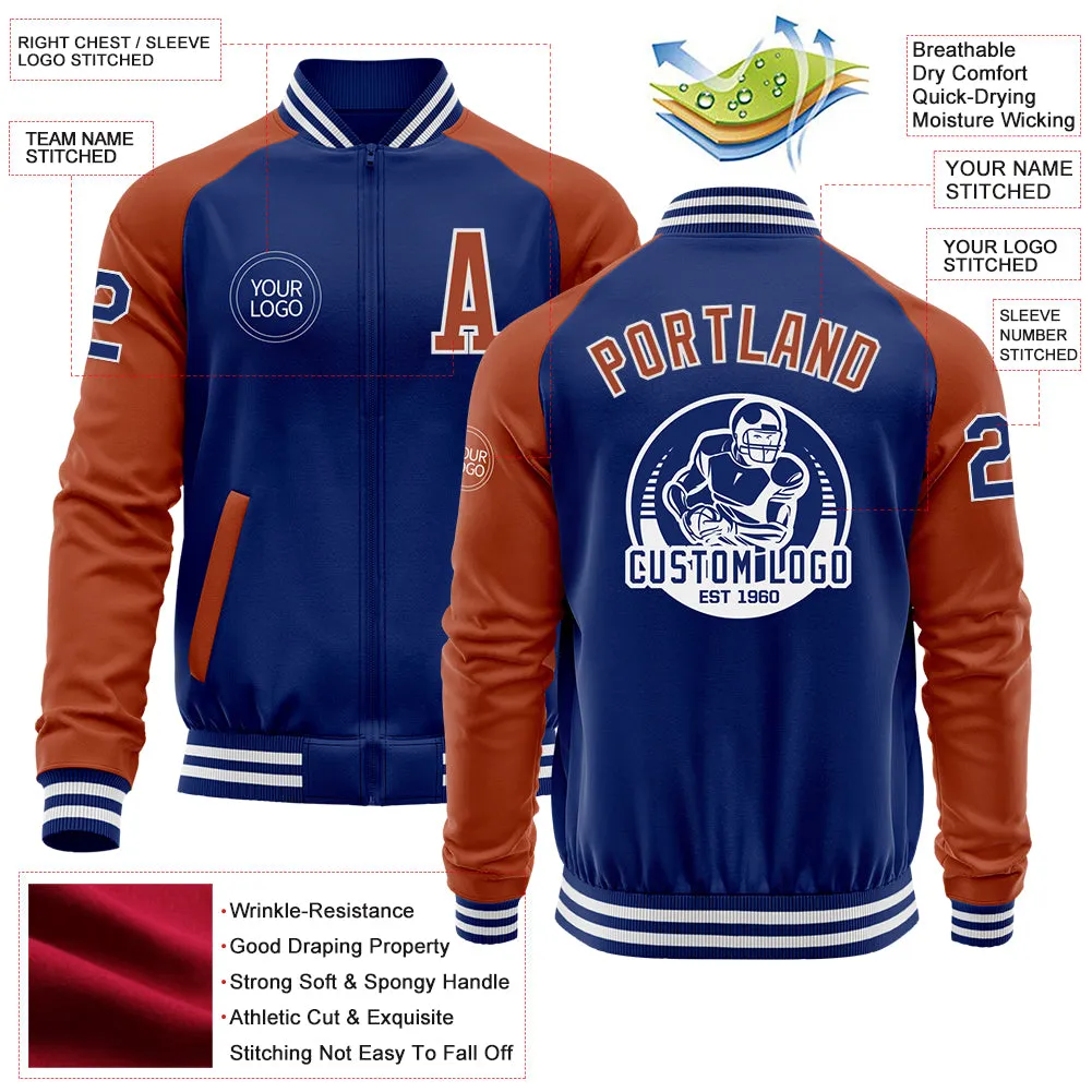 Custom Royal Texas Orange-White Bomber Varsity Letterman Two Tone Zipper Jacket