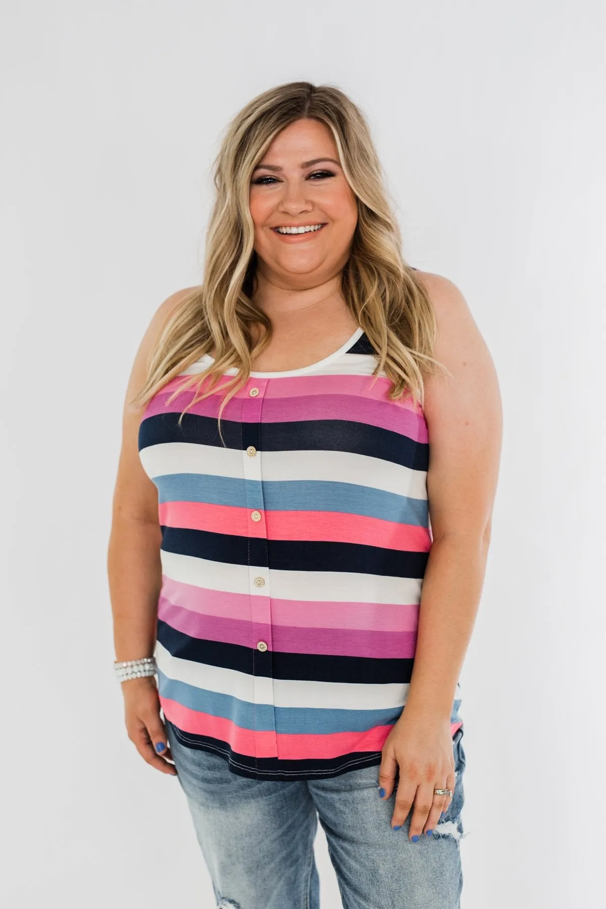 Cute & Colorful Striped Button Tank- Shades of Pink & Blue