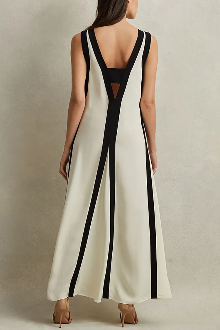 Deep V Neck Backless Colorblock Maxi Tank Dresses-Beige