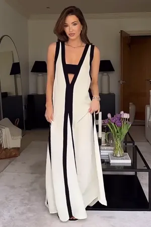 Deep V Neck Backless Colorblock Maxi Tank Dresses-Beige