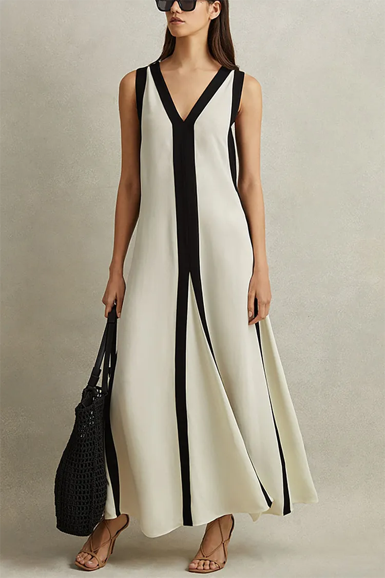Deep V Neck Backless Colorblock Maxi Tank Dresses-Beige
