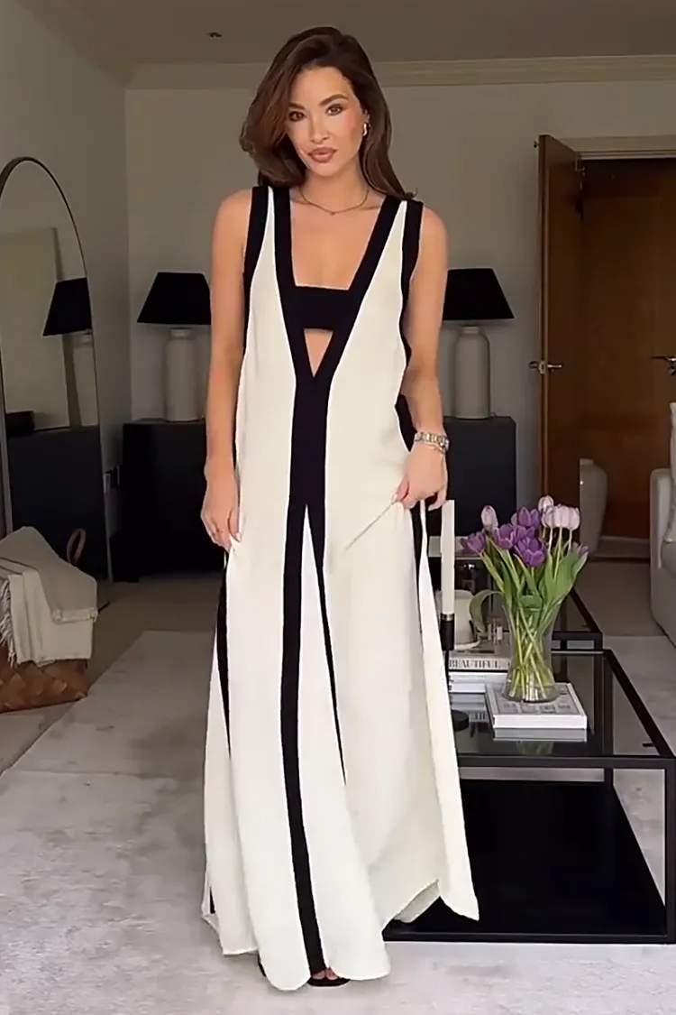 Deep V Neck Backless Colorblock Maxi Tank Dresses-Beige