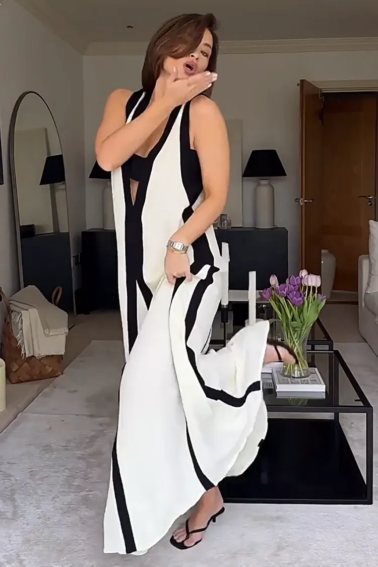 Deep V Neck Backless Colorblock Maxi Tank Dresses-Beige