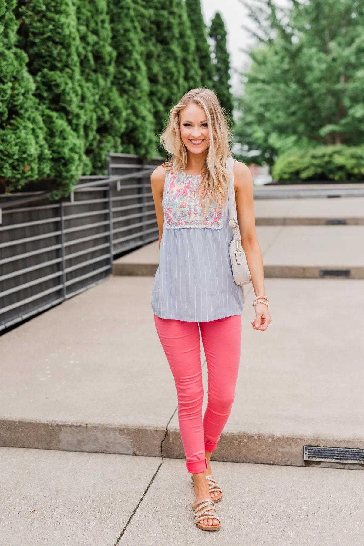 Detailed Embroider & Striped Tank Top- Light Blue