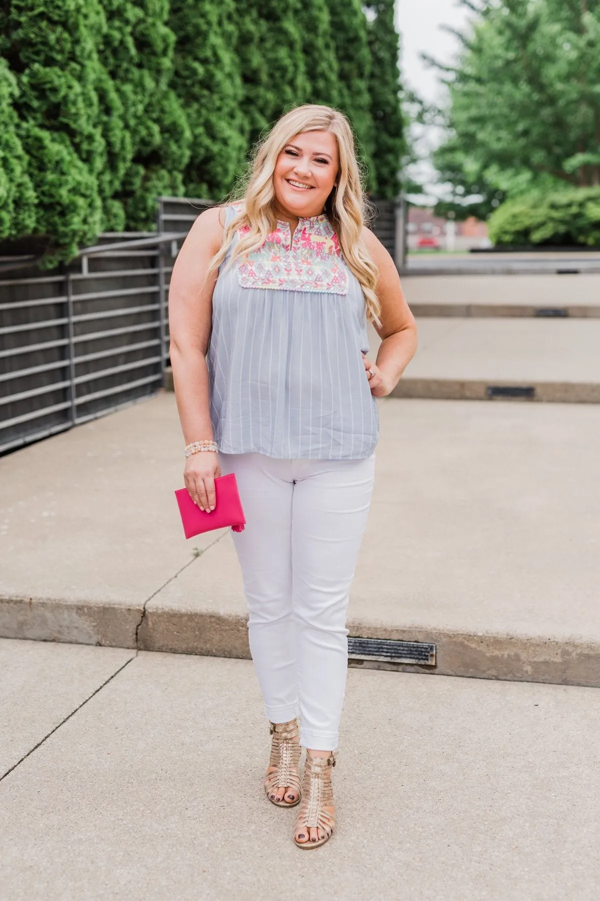 Detailed Embroider & Striped Tank Top- Light Blue