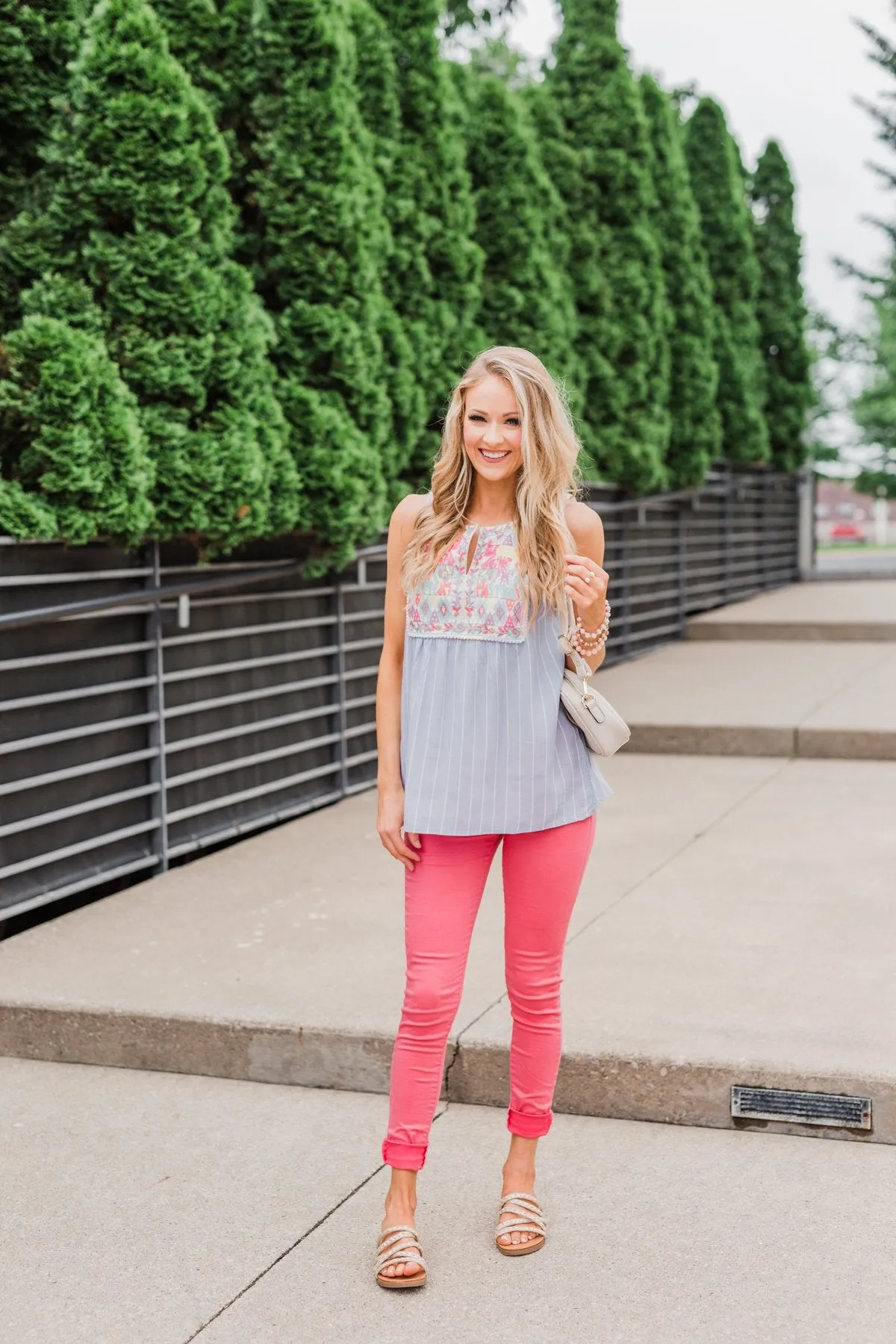 Detailed Embroider & Striped Tank Top- Light Blue