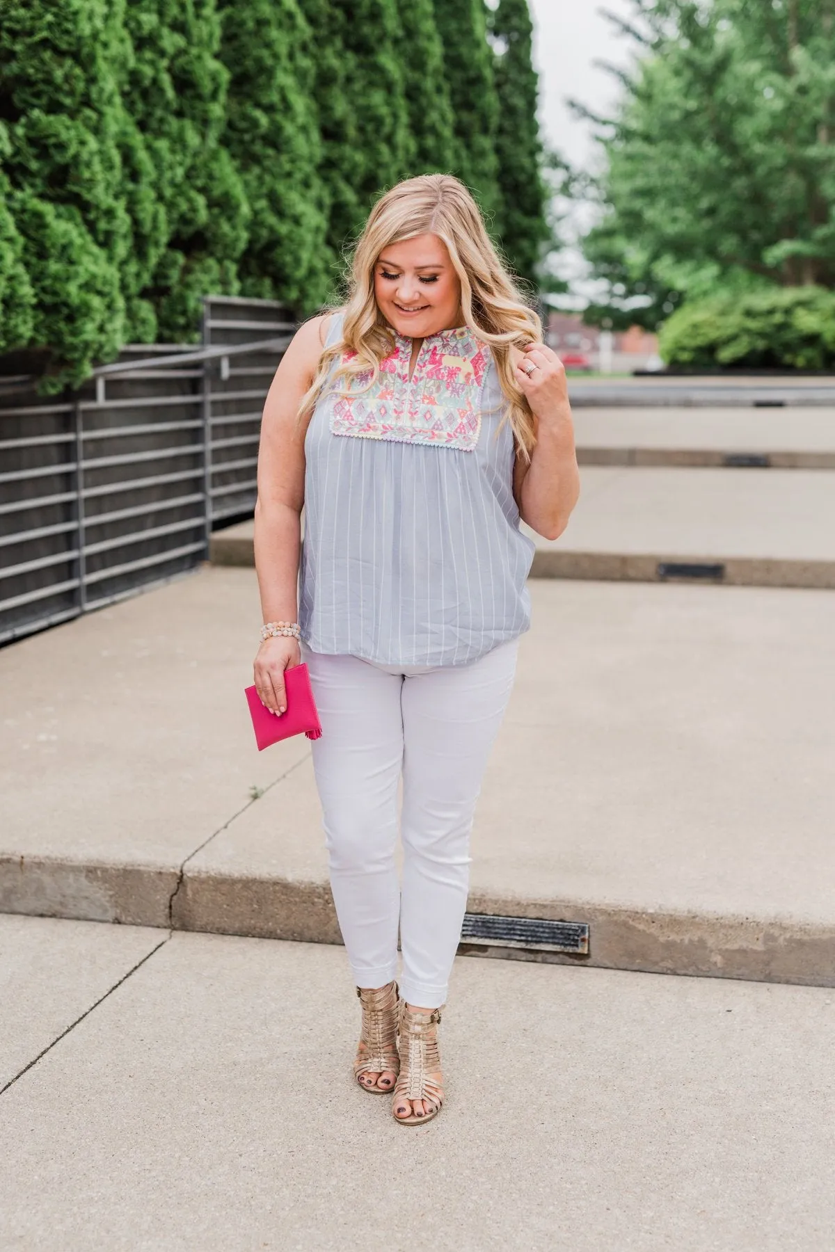 Detailed Embroider & Striped Tank Top- Light Blue