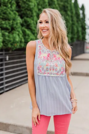 Detailed Embroider & Striped Tank Top- Light Blue