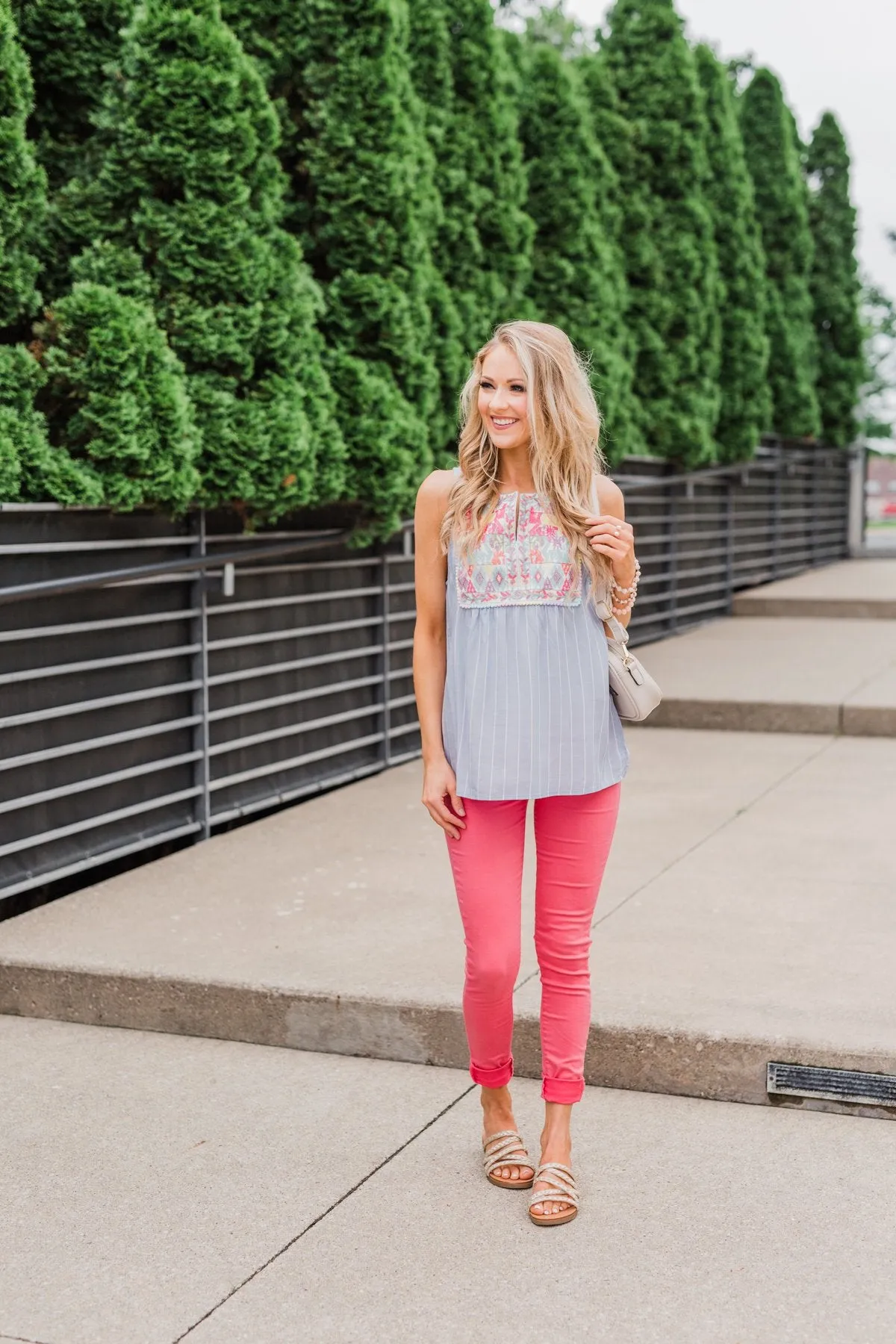 Detailed Embroider & Striped Tank Top- Light Blue