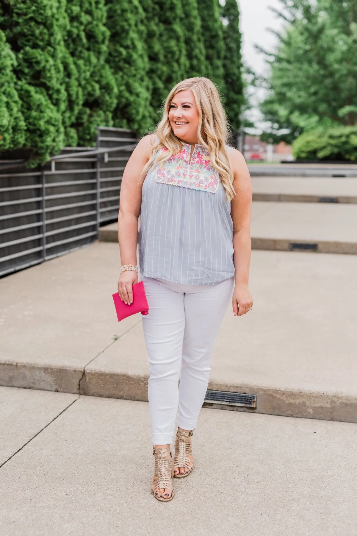 Detailed Embroider & Striped Tank Top- Light Blue