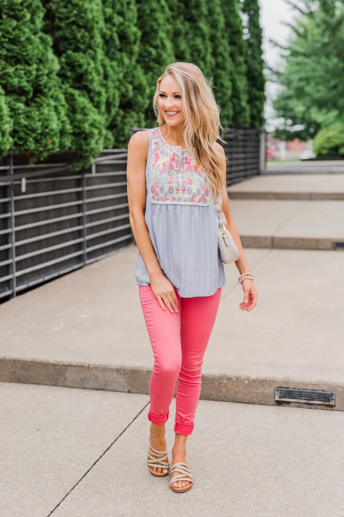 Detailed Embroider & Striped Tank Top- Light Blue
