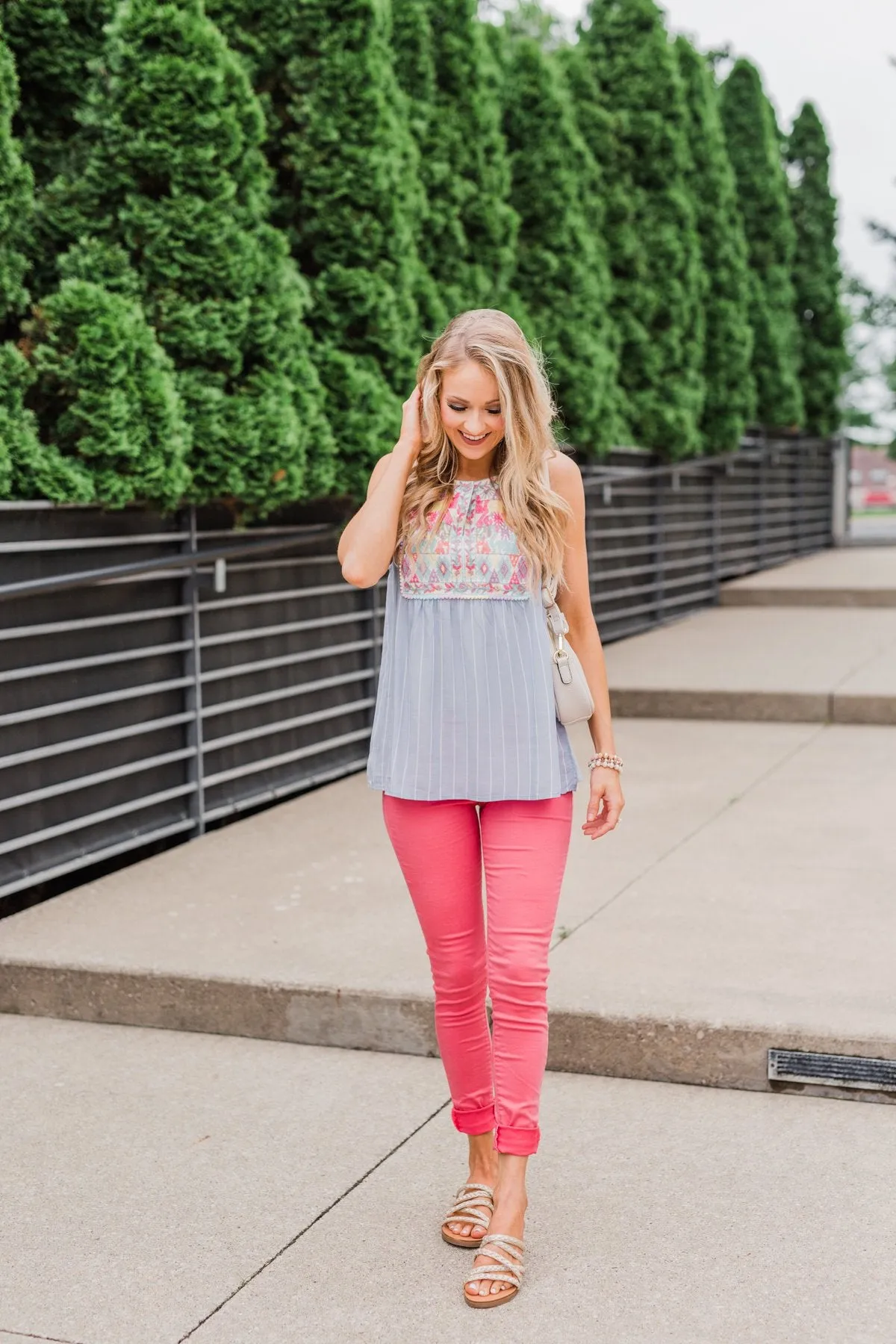 Detailed Embroider & Striped Tank Top- Light Blue