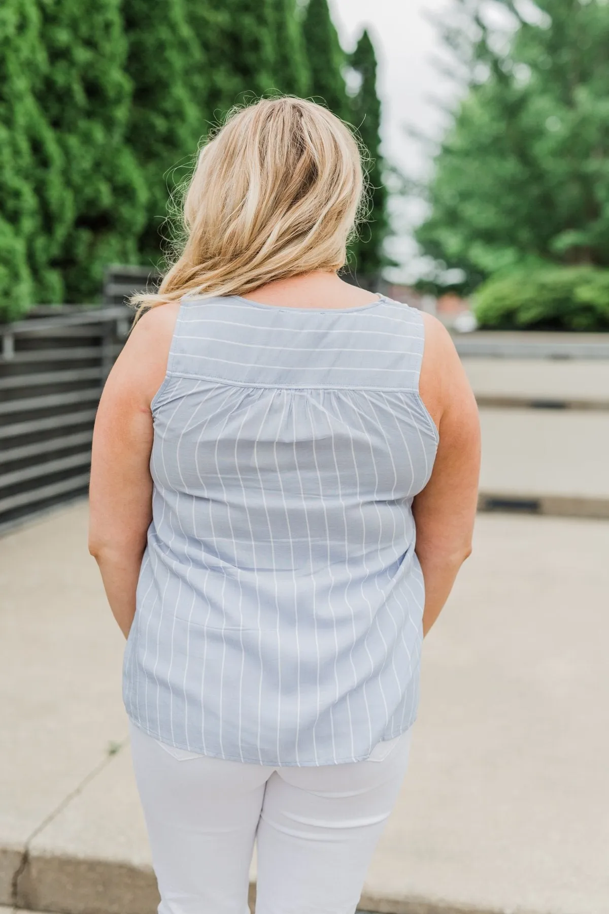 Detailed Embroider & Striped Tank Top- Light Blue