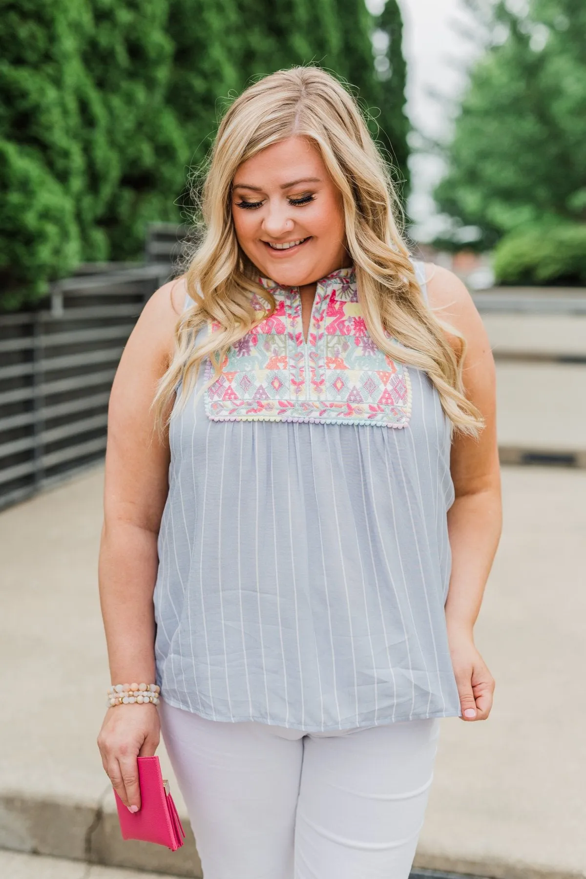 Detailed Embroider & Striped Tank Top- Light Blue