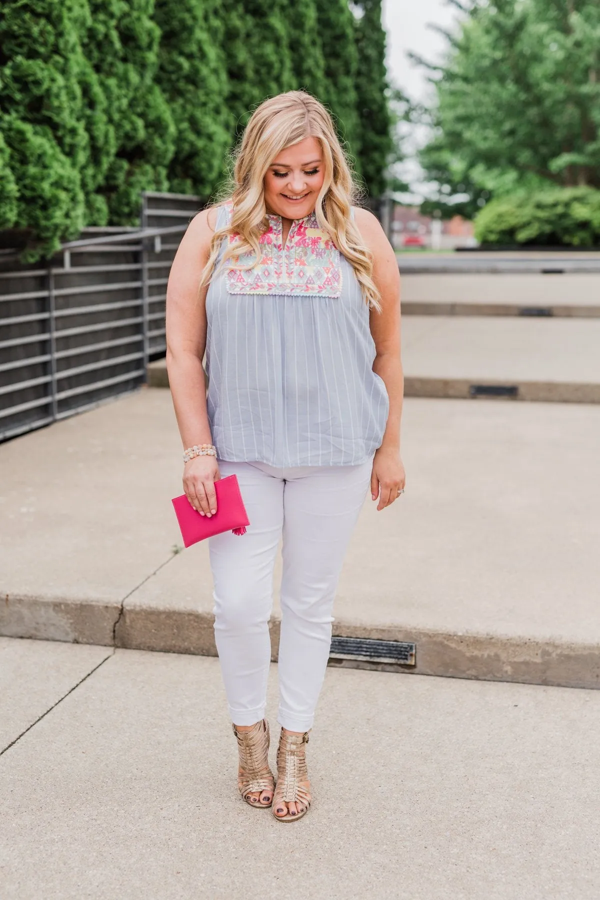 Detailed Embroider & Striped Tank Top- Light Blue